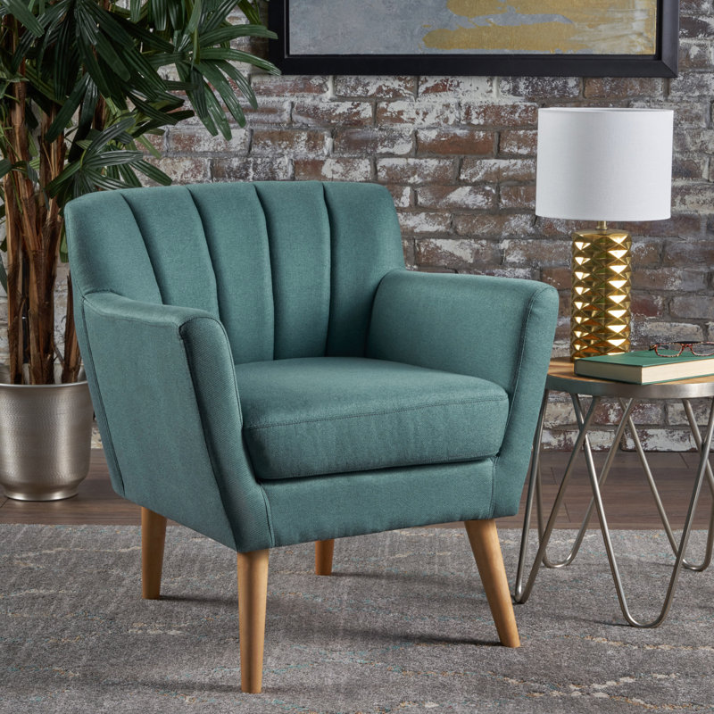 Fauteuil club Mid-Century moderne en tissu, Lin bleu sarcelle