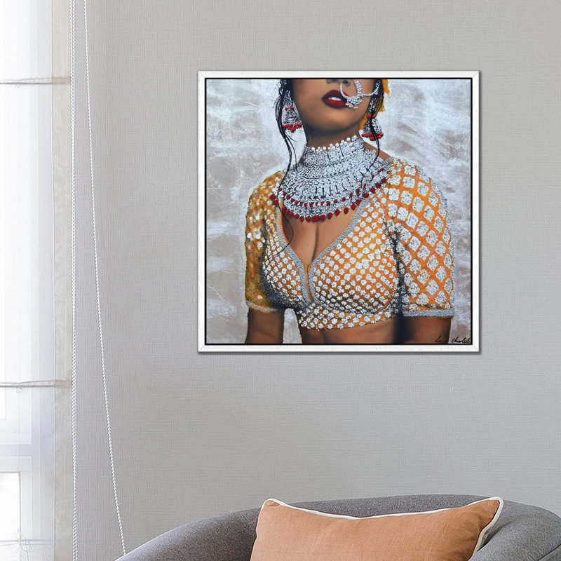 Indian Couture I (Silver) by Linda Charles - Painting on Canvas, 66.04cm H x 66.04cm W x 3.81cm D, White Floater Framed