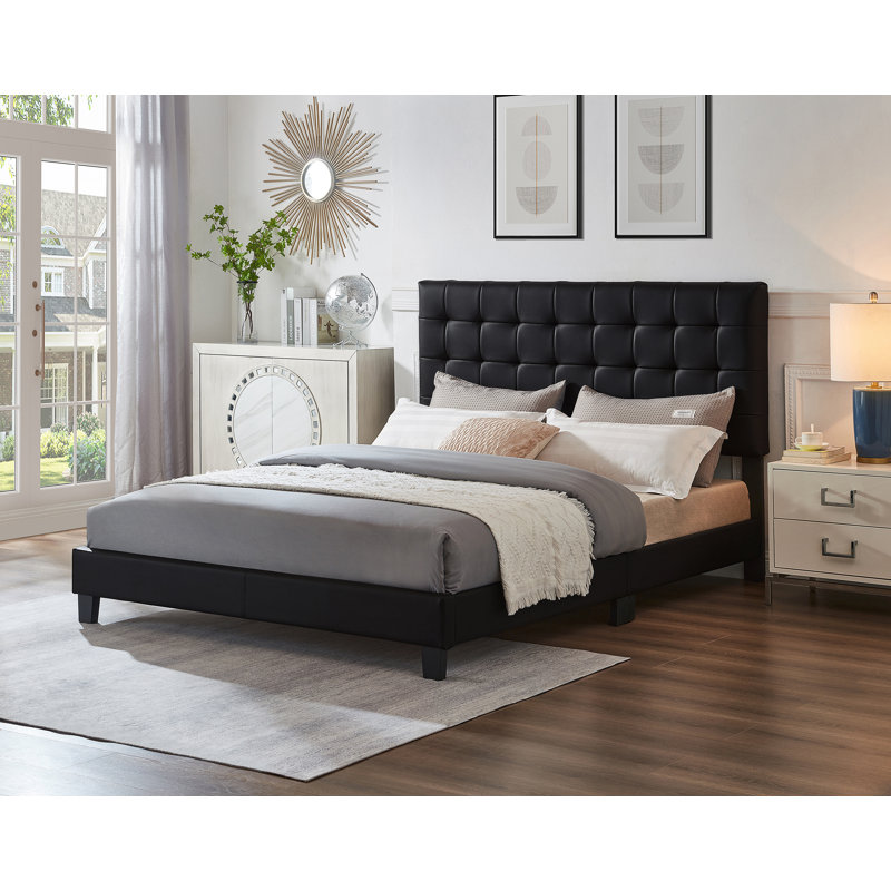 Lit plateforme tapissier contemporain avec tête de lit réglable, lit en similicuir, noir, très grand lit, Très grand lit