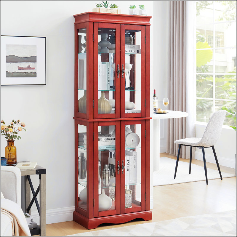 Lighted Glass Curio Display Cabinet, Cherry
