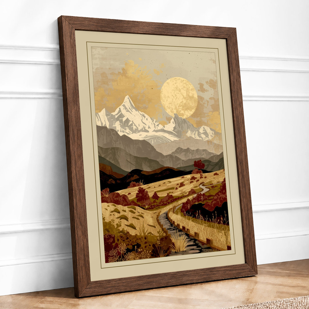 Mountain Under Moon Japandi - Framed Print