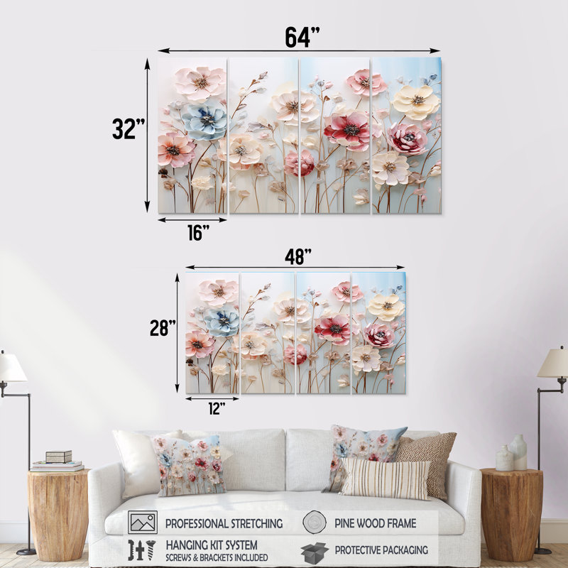 Ensemble de 4 décorations murales fleurs blanches et roses - merveilles florales, H 28 po x l 48 po