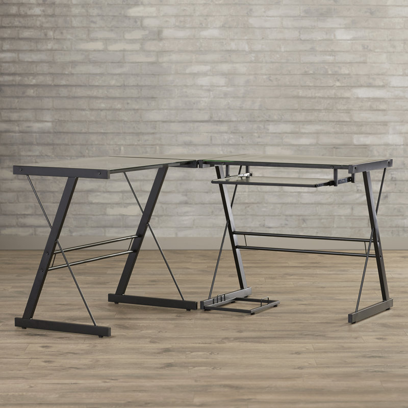 L-Shaped Glass Top Computer Desk, Clear/Black