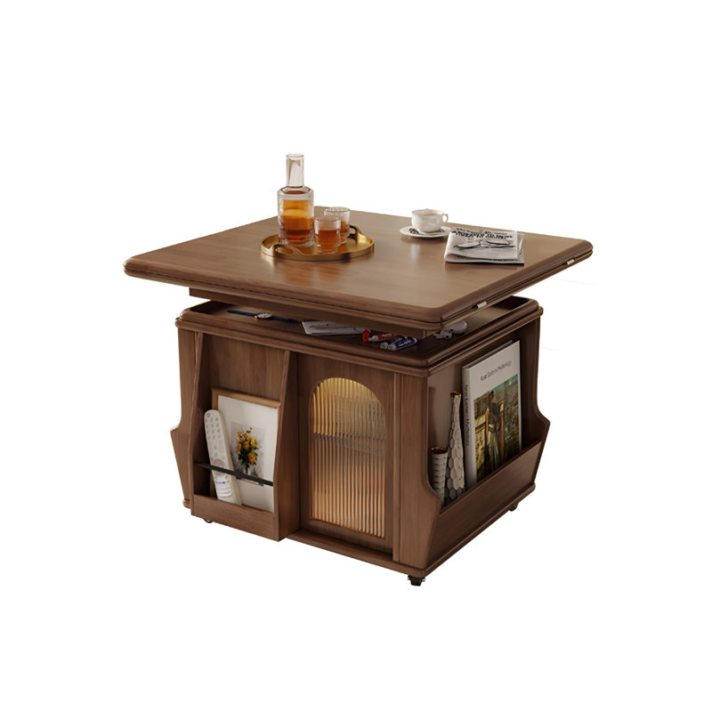 Table basse brune en bois d'hévéa massif vintage avec roulettes, plateau de table réglable en hauteur pliable