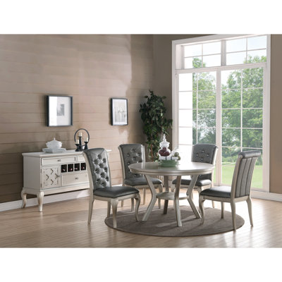 Formal Traditional Dining Table Round Table Silver Hue 5pc Dining Table w Shelf 4x Side Chairs Tufted Back Dining Room Furniture