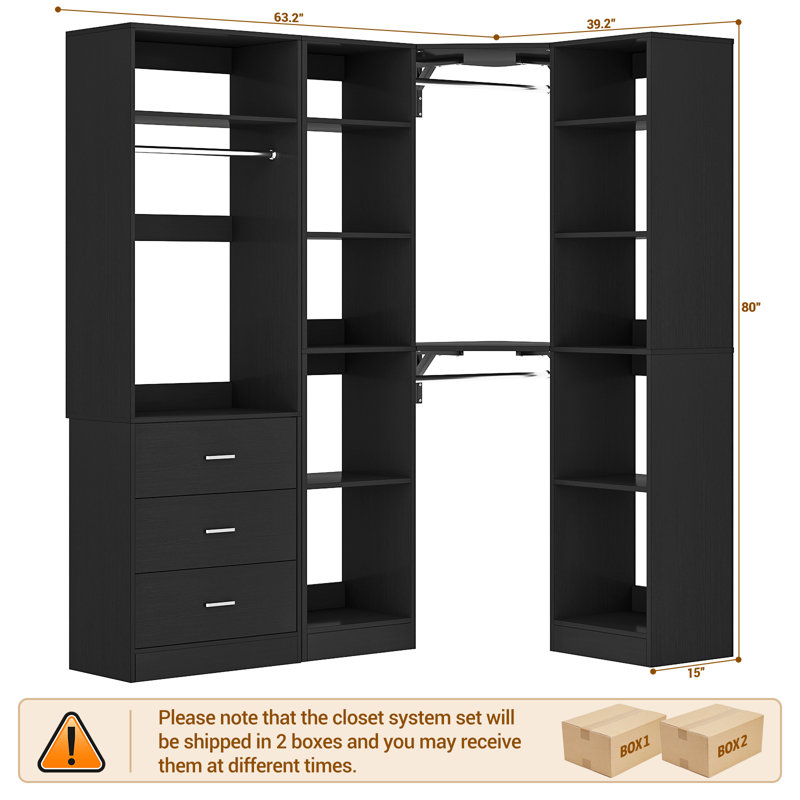 63.2" L X 39.2" W X 80" H Corner Closet System, Freestanding Closet Organizer System With 3 Drawers, Black
