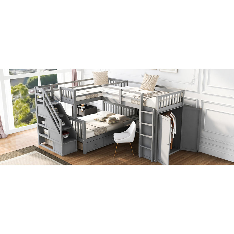 De lit superposé au-dessus d'un lit double en blanc au design élégant - 3 tiroirs, bureau et garde-robe, Blanc