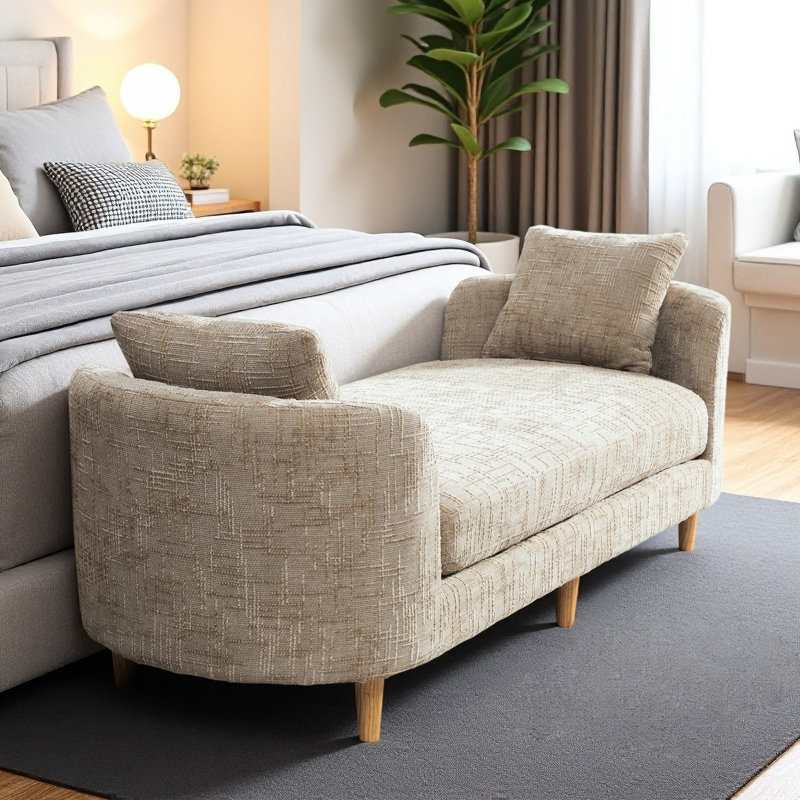 77.17" Chenille Upholstered Bench with Armrests and 2 Pillows, Wheat