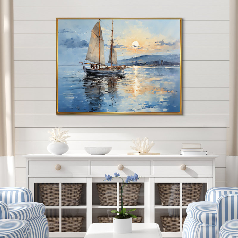 Bateau, voile, reflets I - art encadré de bateau côtier, H 24 po x l 32 po x P 1 po, Cadre flottant doré
