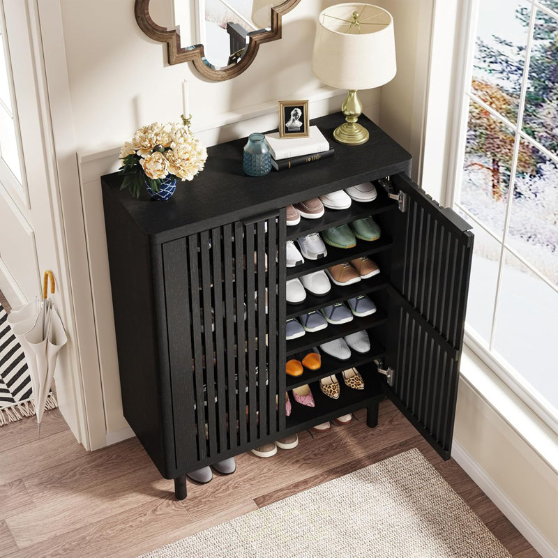 33.46" Modern Black Wooden  6-Tier Shoe Cabinet With Louvered Doors, Shoe Storage, Black