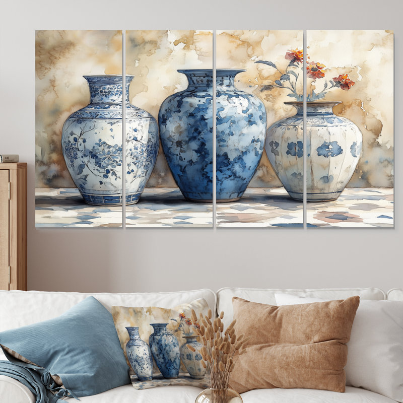 «Blue Stately Vases II - Morocco Pottery», ensemble d'art sur toile, H 28 po x l 48 po