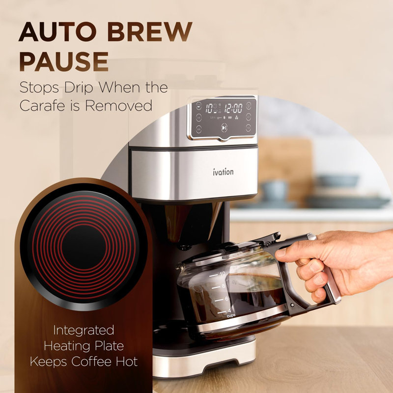 Ivation 2-in-1 Drip Coffee Maker & Grinder – Programmable Auto Brew & Timer - Warming Plate - 10 Cup - Reusable Filter Basket – 1.5L Water Tank – 1000W - Pause and Pour