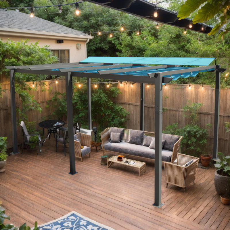Outdoor Aluminum Pergola with Retractable Canopy, 11 X 16 FT Patio Gazebo for Garden Courtyard & Weatherproof Grill