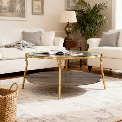 Table basse moderne à 2 niveaux en noyer avec plateau en verre et base en métal doré Modern