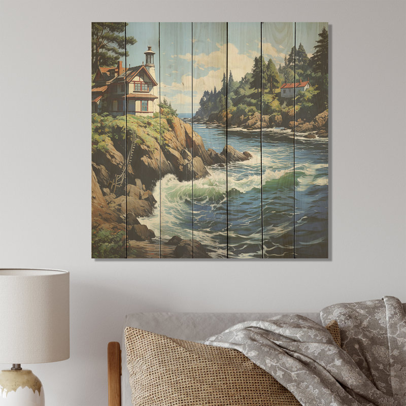 Cliffside Cottage By The Lake - Landscape Canvas On Wood Print, 15" H x 15" W