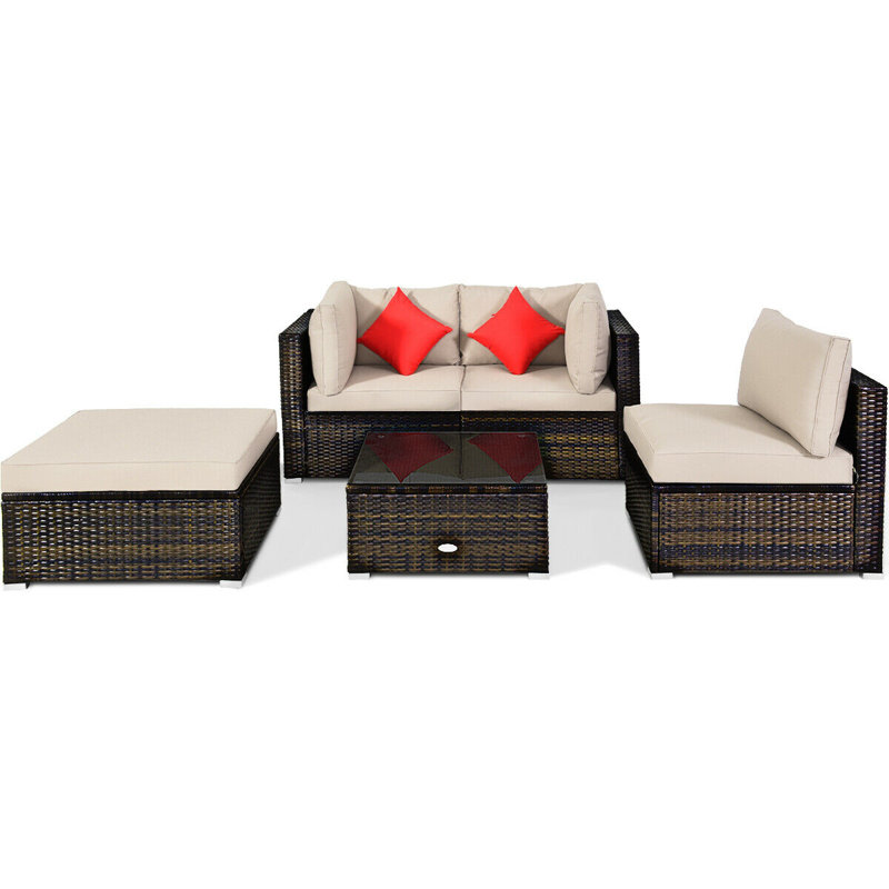Ensemble de conversation avec canapé et coussins en rotin 4 pièces, Beige