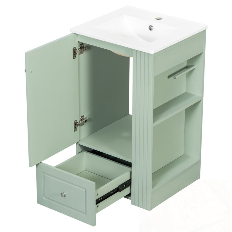 Bathroom Vanity with Sink, Soft-Close Drawer and Open Side Shelves, Green