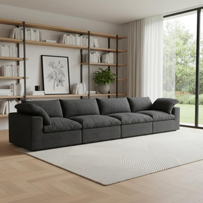Canapé modulaire 160 po en mélange de lin noir avec coussins décoratifs