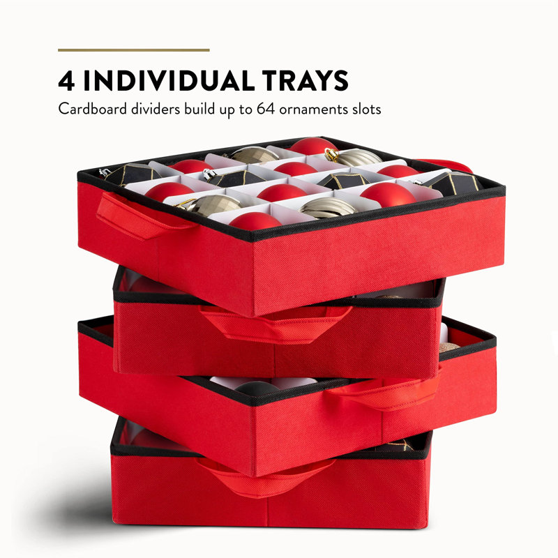 Boîte de rangement pour décorations de Noël - Peut contenir 64 décorations - Non tissée et indéchirable - Compartiments cubiques de 7,6 cm - Rouge