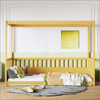 Twin Size Canopy Bed Frame with Guardrails