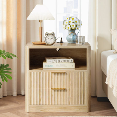 Night Stand With Charging Station, 2-drawer Fluted Bedside Table With Open Shelf, Storage Nightstand For Bedroom by East Urban Home