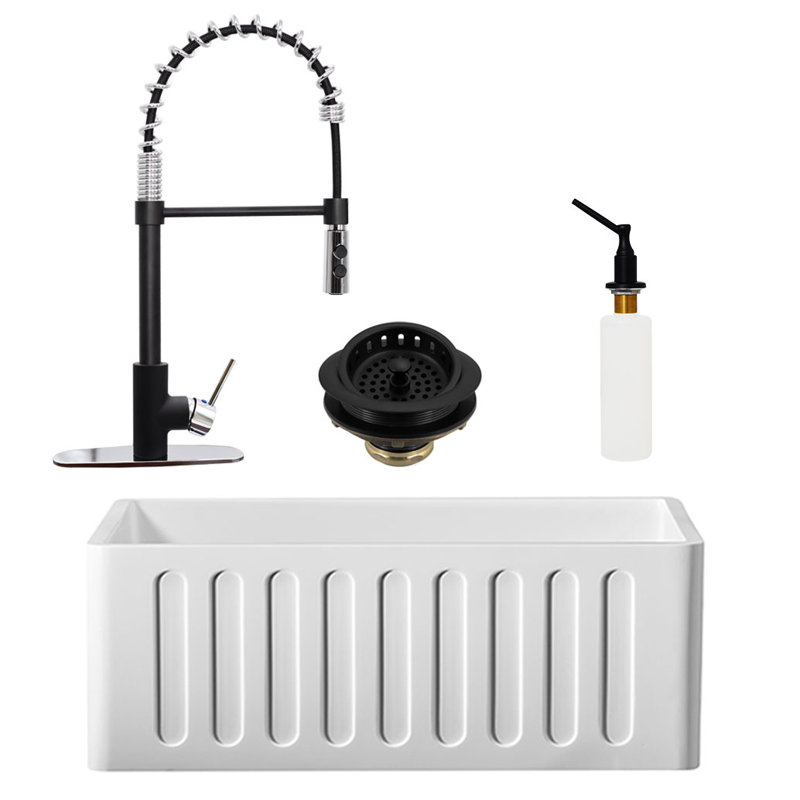 Évier de cuisine à tablier simple 24 po L, Noir mat / chrome poli
