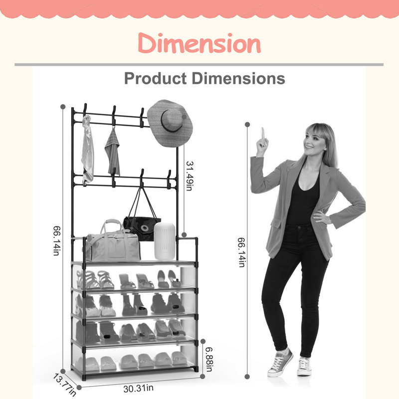 5-Tier Dustproof Entryway Hall Tree Coat Rack Shoe Rack With 8 Removable Hooks Freestanding Shoe Storage Shelf Hat Clothes Organizer For Front Door Bedroom Entryway