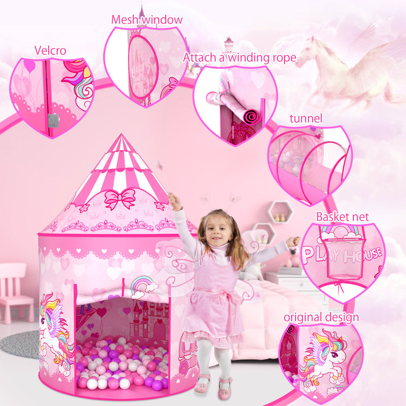 Ensemble de jeu de tente et de fosse à billes 3 en 1 Wilwolfer pour filles avec tunnel de rampement pour tout-petits, maisonnette rose Pop Up