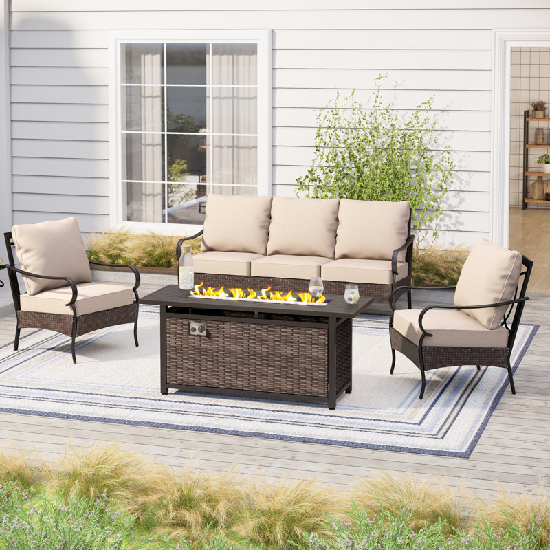 Arwand Outdoor Patio Conversation Set with Fire Pit Table & Optional Ottomans, No