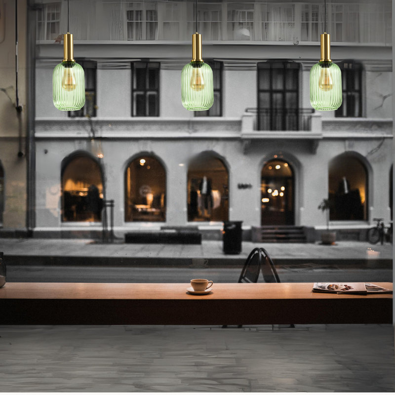 Rectangular Lantern Pendant Light-Modern Gold Copper Chandelier Pendant Light – Ribbed Glass Jar Shade, LED Ceiling Light Fixture with E27 Socket