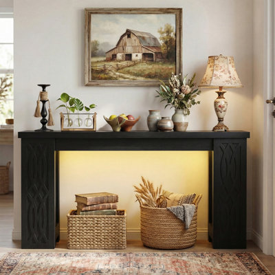 63" Farmhouse Console Table With Charging Station And LED Lights