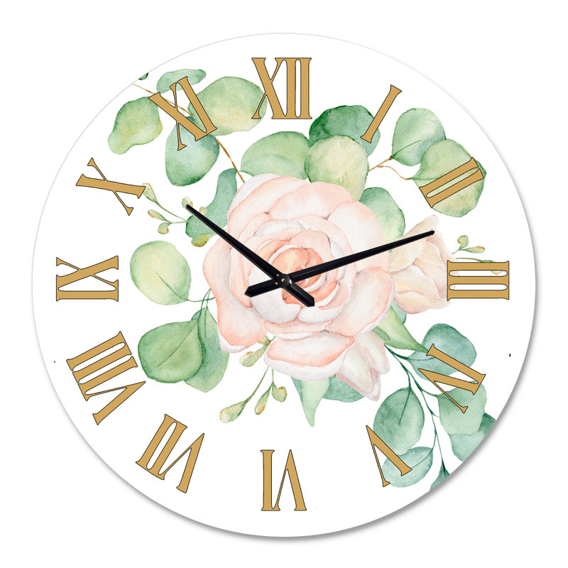 Bouquet de roses roses et de feuilles d'eucalyptus - Horloge murale traditionnelle, Grand