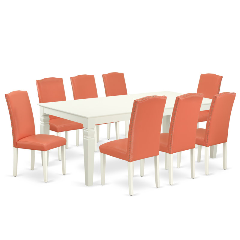 9 Piece Kitchen Table Set Includes a Rectangle Dining Table with Butterfly Leaf and 8 Pink Flamingo Faux Leather Parson Chairs, 42x84 Inch, Linen White