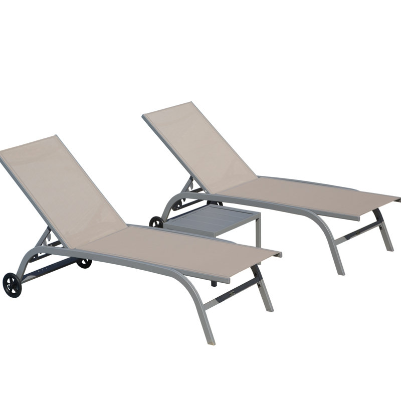 Chaises longues ajustables au bord de la piscine à 5 positions - Kaki. Aluminium. Respirant. Roulettes pour un déplacement facile. Élégant. Installation à l'arrière de la chaise longue 3 po. Construire. Sièges confortables. Mobilité. Décoration élégante