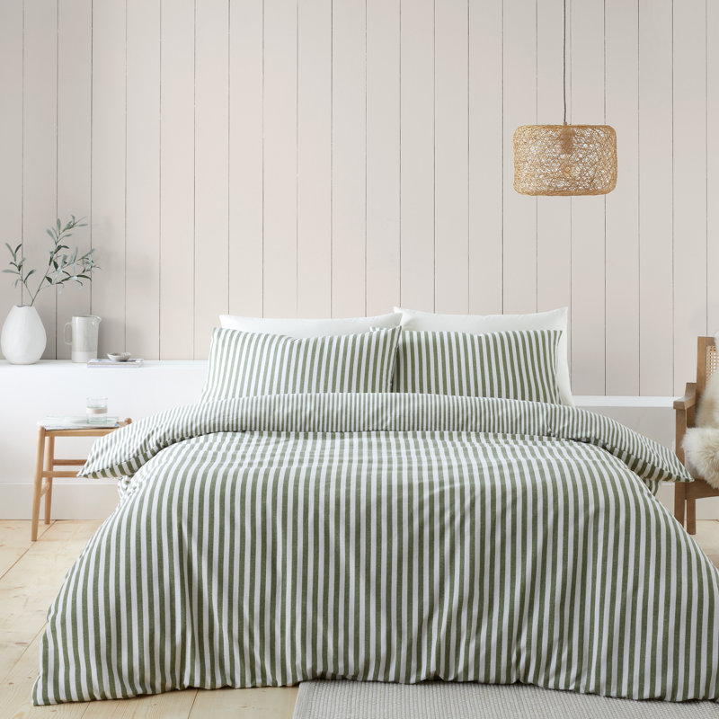 Brushed Stripe Cotton Reversible Duvet Cover Set, Green, Single Duvet Cover + 1 Standard Pillowcase