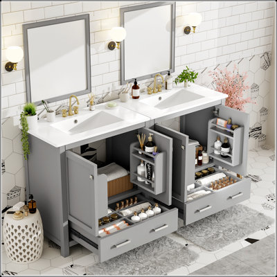 Bathroom Vanity Set with Double Vanities (Separate), Double Ceramic Sinks, Storage Shelf, and Divided Drawers (Mirror not included)– Modern Bathroom Solution for Spacious Bathrooms