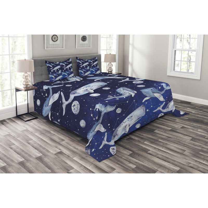 Aeleen Navy/Blue/White Microfibre Bedspread Set, 220 x 264 cm