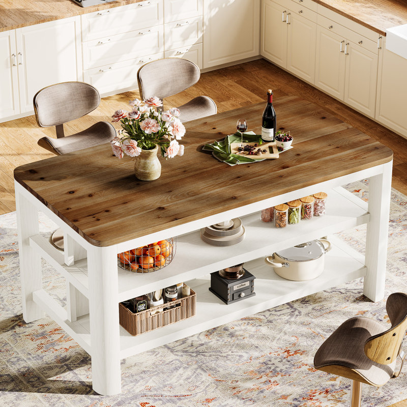 Îlot de cuisine en bois massif de 63 pouces avec tablettes de rangement, table de bar à hauteur de comptoir Farmhouse Island pour cuisine, salle à manger