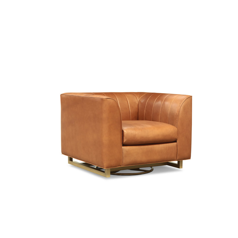Remy Leather Swivel Tufted Armchair, Chestnut (Cartier), Satin Brass