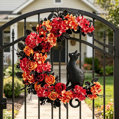 Halloween Crescent   Floral Wreath  Orange Red Rose Hydrangea Fall Front Door Decor