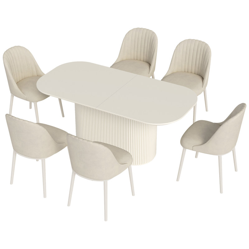70" Modern Oval Cream White Dining Table Set with 6 Chairs for Kitchen, Bar, Living Room, 29.64" H x 70" L x 33.46" W
