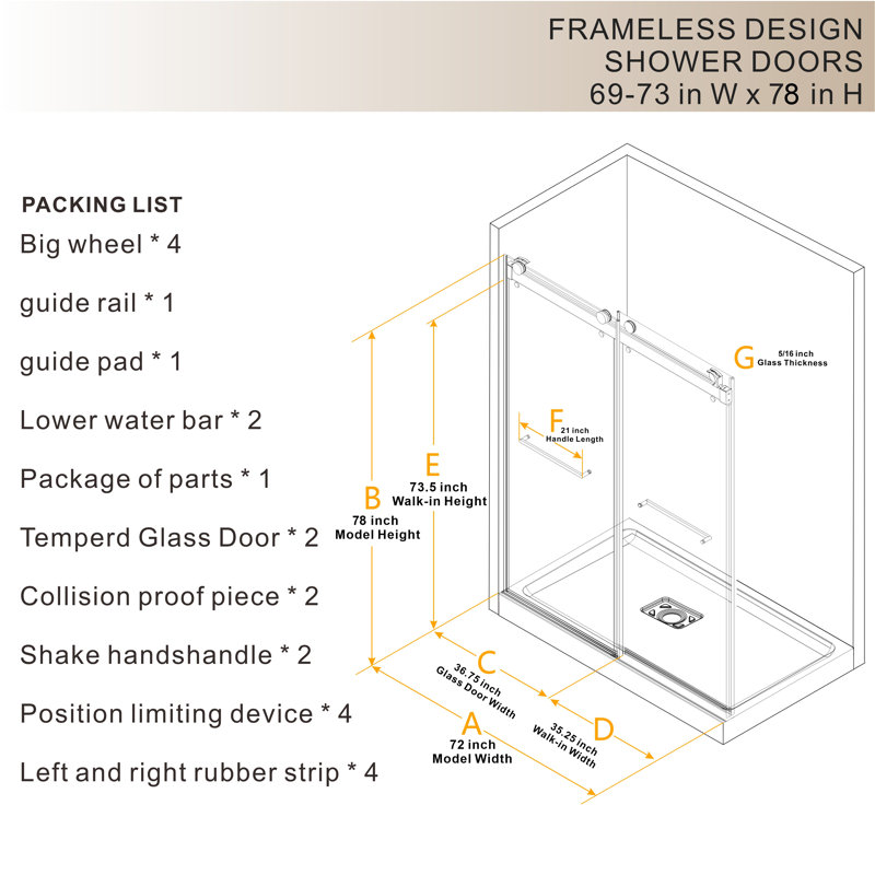 Gargy 69"-72"W * 78"H Double Sliding Door Shower Door With Closing System, Brush Silver, Dual Door Stops