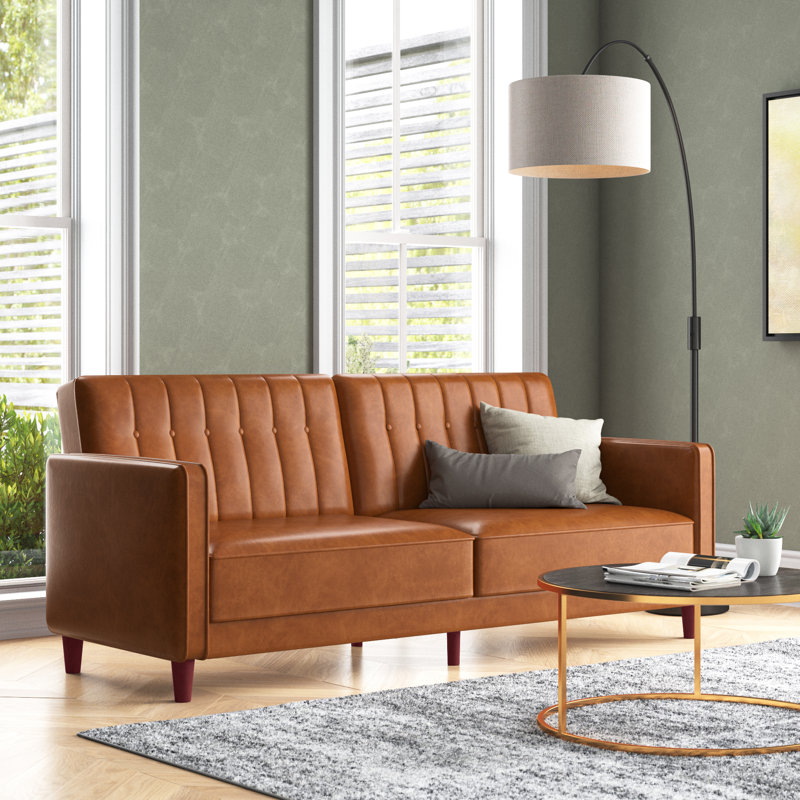 Seylow 81.5'' Faux Leather Convertible Sofa, Camel Pebbled Faux Leather