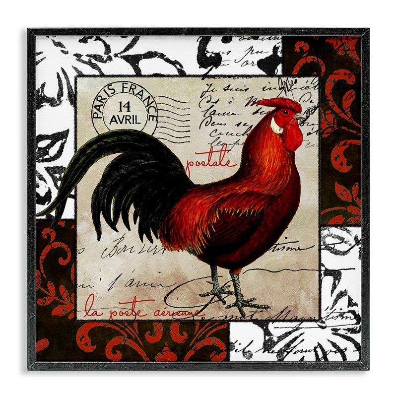 Coq et poteau rétro, estampe numérique de Sasha, H 12 po x l 12 po, Giclée encadrée noir minuit