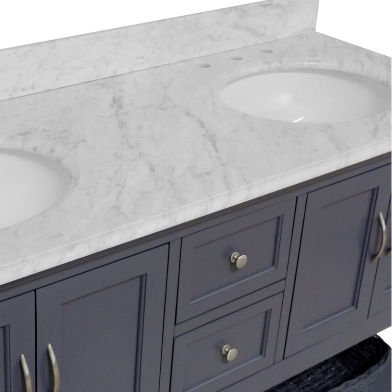 Hampton 60'' Double Bathroom Vanity with Top, Marine Gray, Carrara Marble