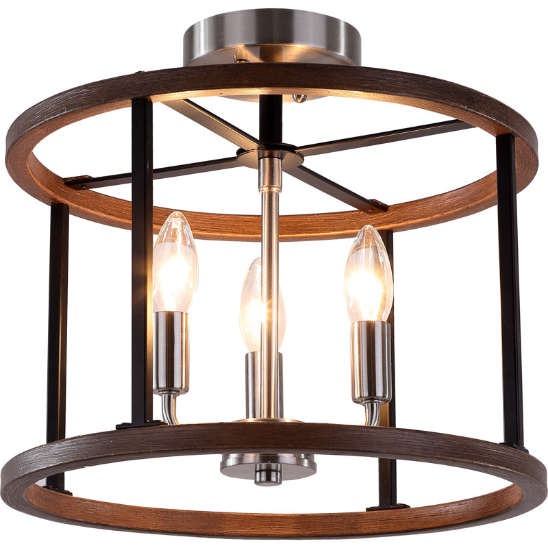 Plafonnier semi-encastré cylindrique en nickel brossé et noyer brossé 13,75 po