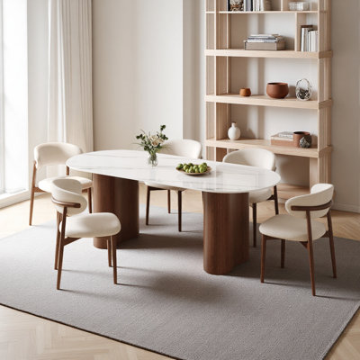 Table de salle à manger moderne 71 po, table de salle à manger ovale avec plateau en pierre frittée et piédestaux doubles