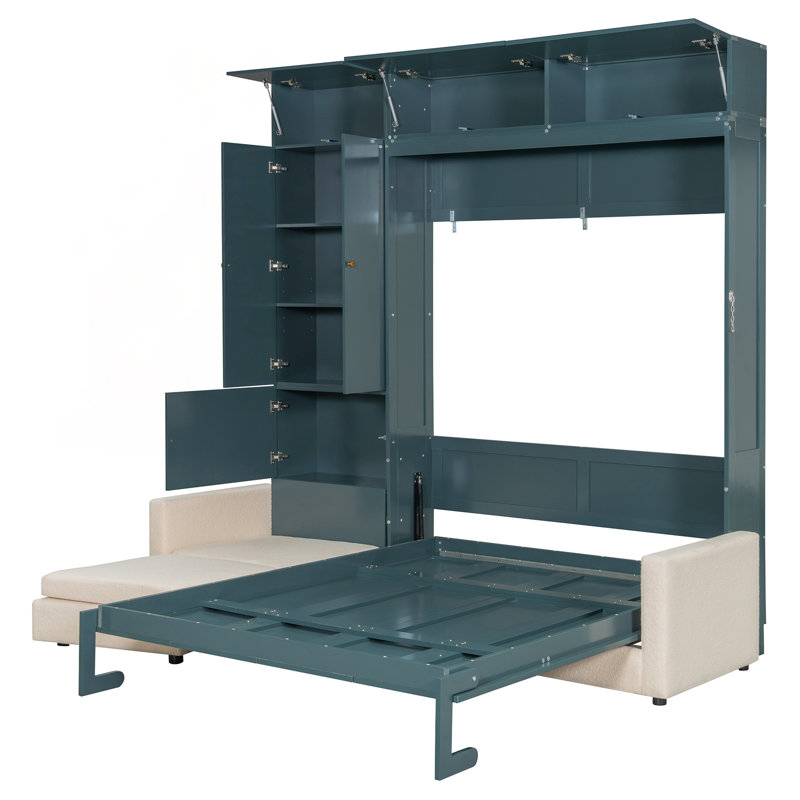 Grand lit escamotable avec canapé et tablettes, conception peu encombrante pour une vie compacte et un sommeil confortable