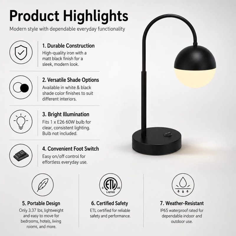 26" Black Arc Table Lamp E26 60W (Bulb Not Included)