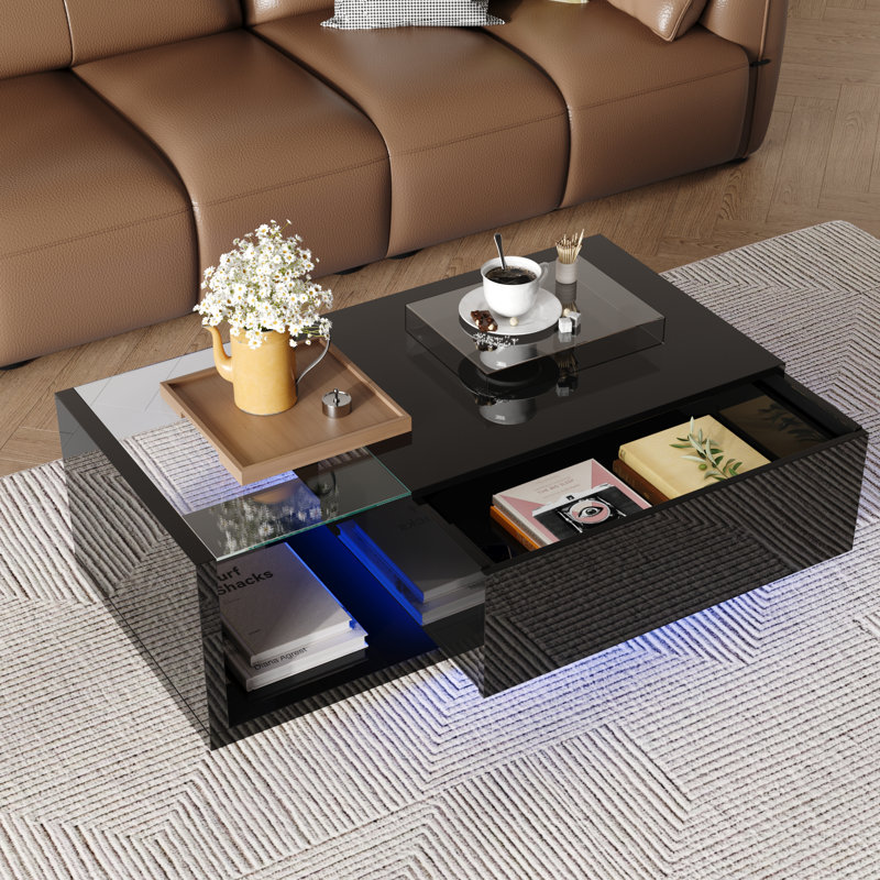 Modern High Gloss Coffee Table With LED Lights, Black 2-Tier Rectangular Table With Drawer, Center Table For Living Room, Black